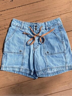 Vintage 90’s Outdoorsy Riders Light Blue Denim Shorts with Tan Drawstring
